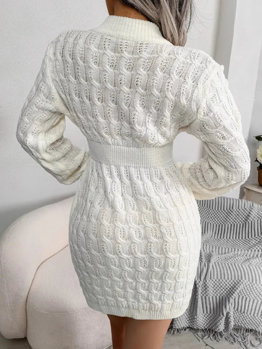 Cable - Knit Round Neck Mini Wrap Sweater Dress - Wow Store