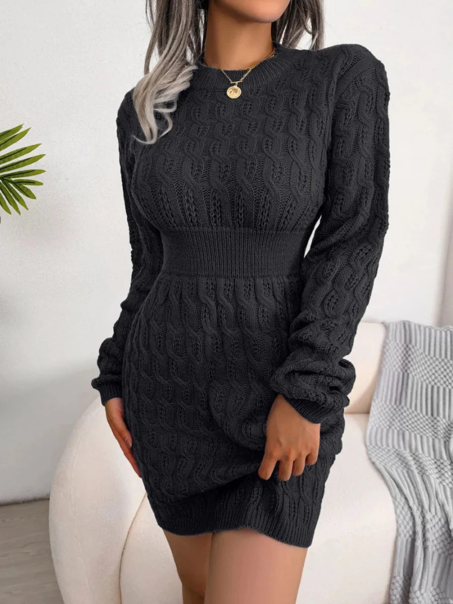 Cable - Knit Round Neck Mini Wrap Sweater Dress - Wow Store
