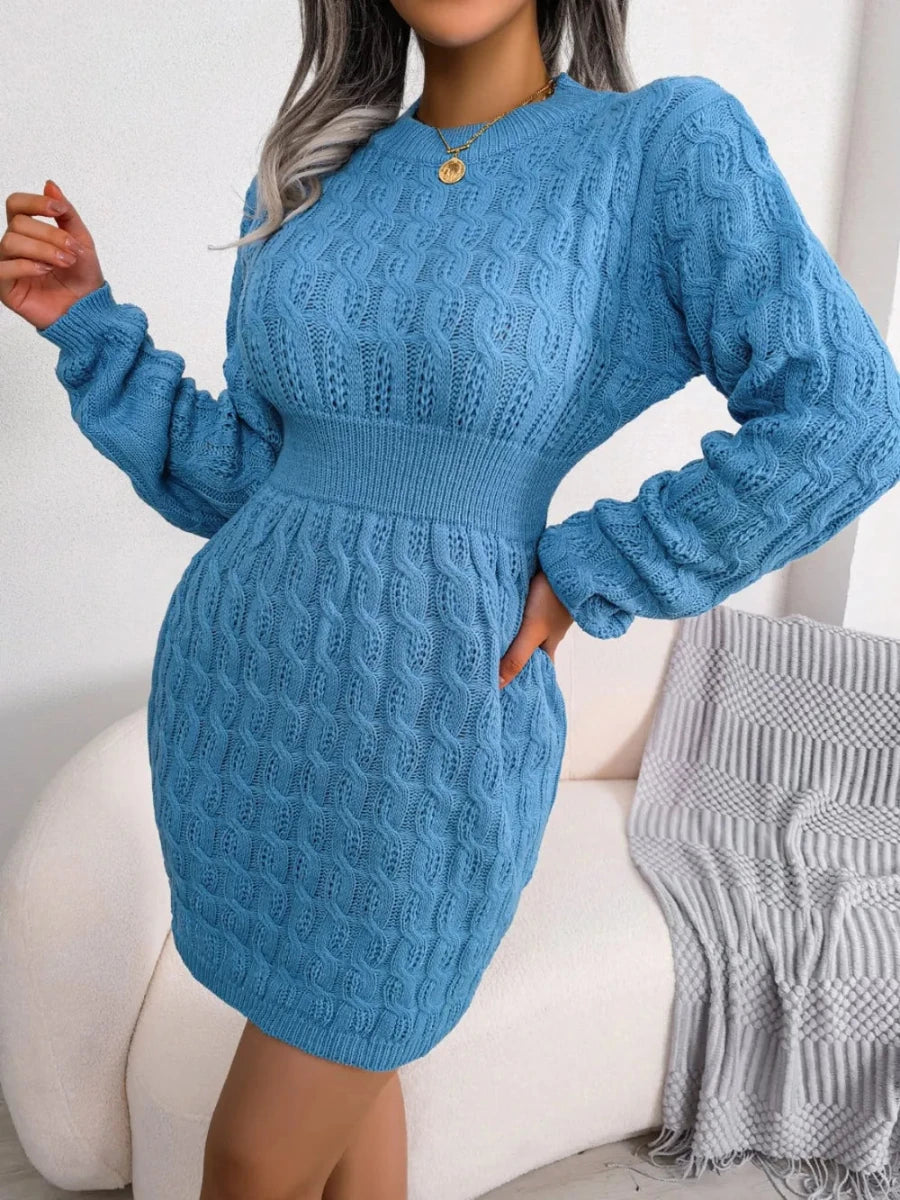 Cable - Knit Round Neck Mini Wrap Sweater Dress - Wow Store