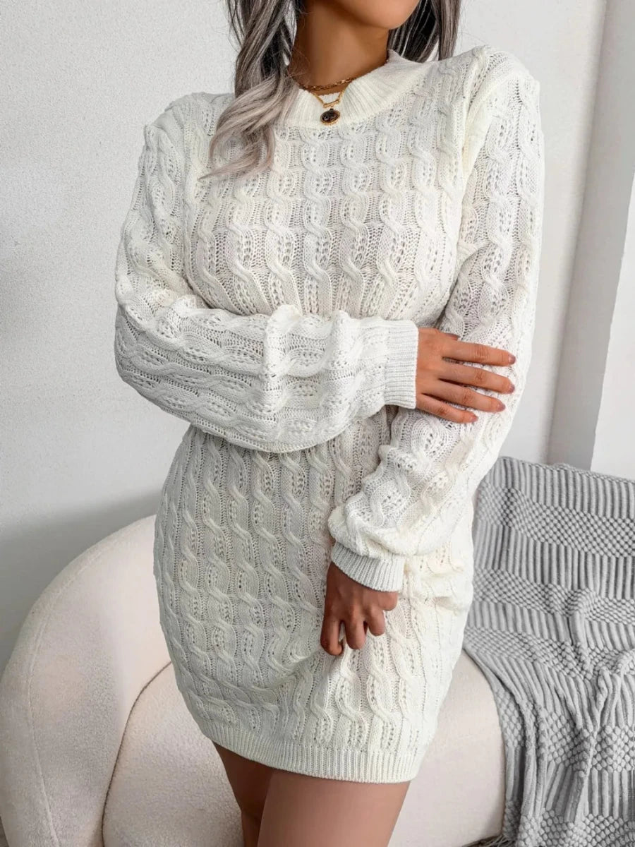 Cable - Knit Round Neck Mini Wrap Sweater Dress - Wow Store