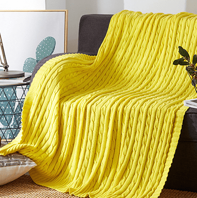 Cable Knit Throw with Ribbed Border in yellow