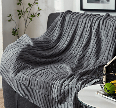 Cable Knit Throw with Ribbed Border in smoke grey