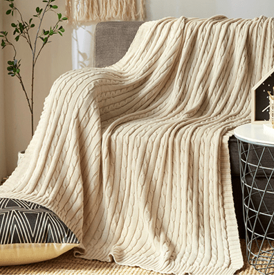 Cable Knit Throw with Ribbed Border in beige