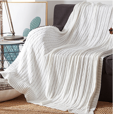 Cable Knit Throw with Ribbed Border in white