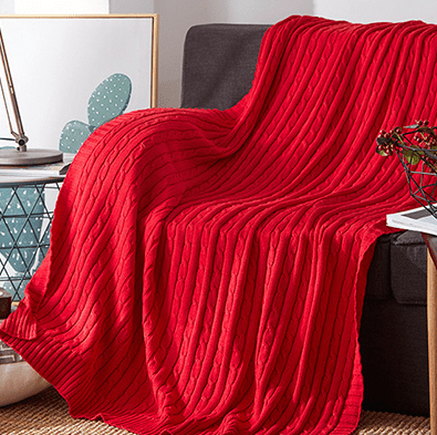 Cable Knit Throw with Ribbed Border in red