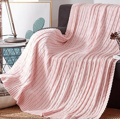 Cable Knit Throw with Ribbed Border in pink