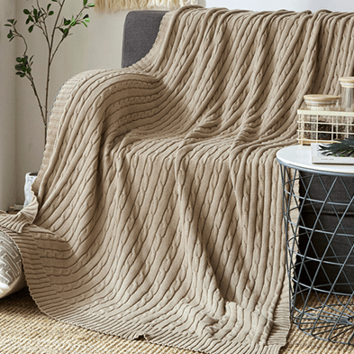 Cable Knit Throw with Ribbed Border in khaki