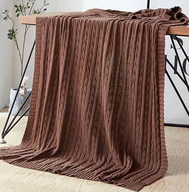 Cable Knit Throw with Ribbed Border in brown