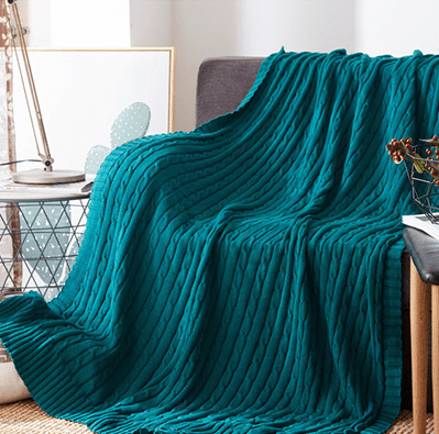 Cable Knit Throw with Ribbed Border in teal