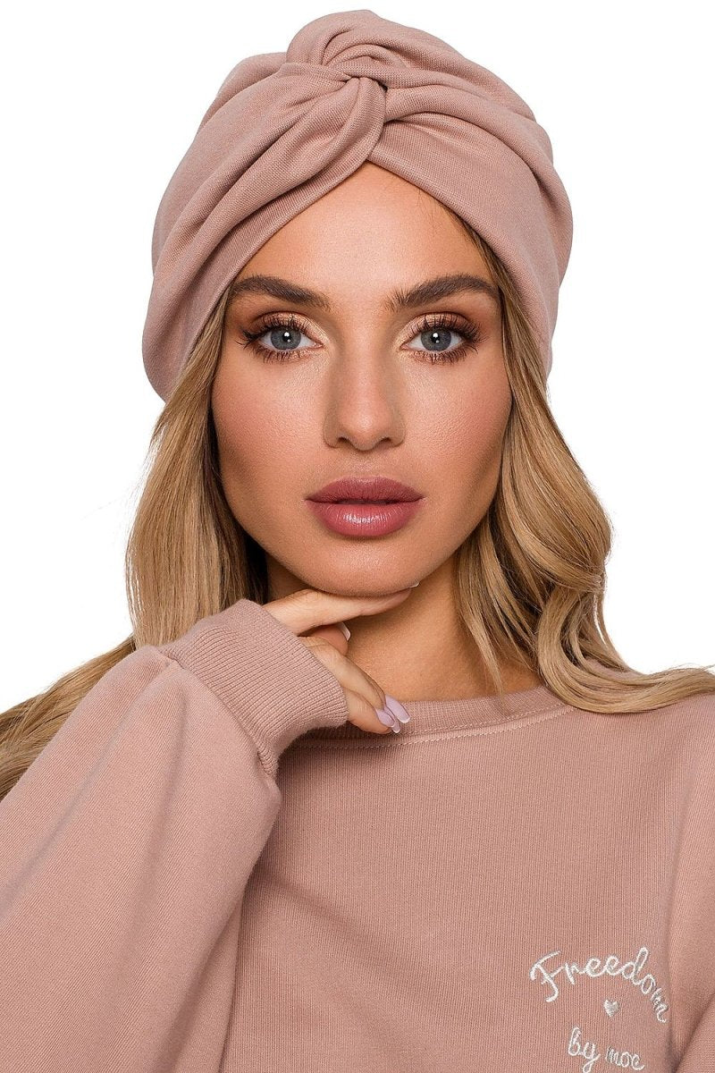 Moe Women's Turban Cap in beige cotton fabric with soft fold-over design and subtle seam detail