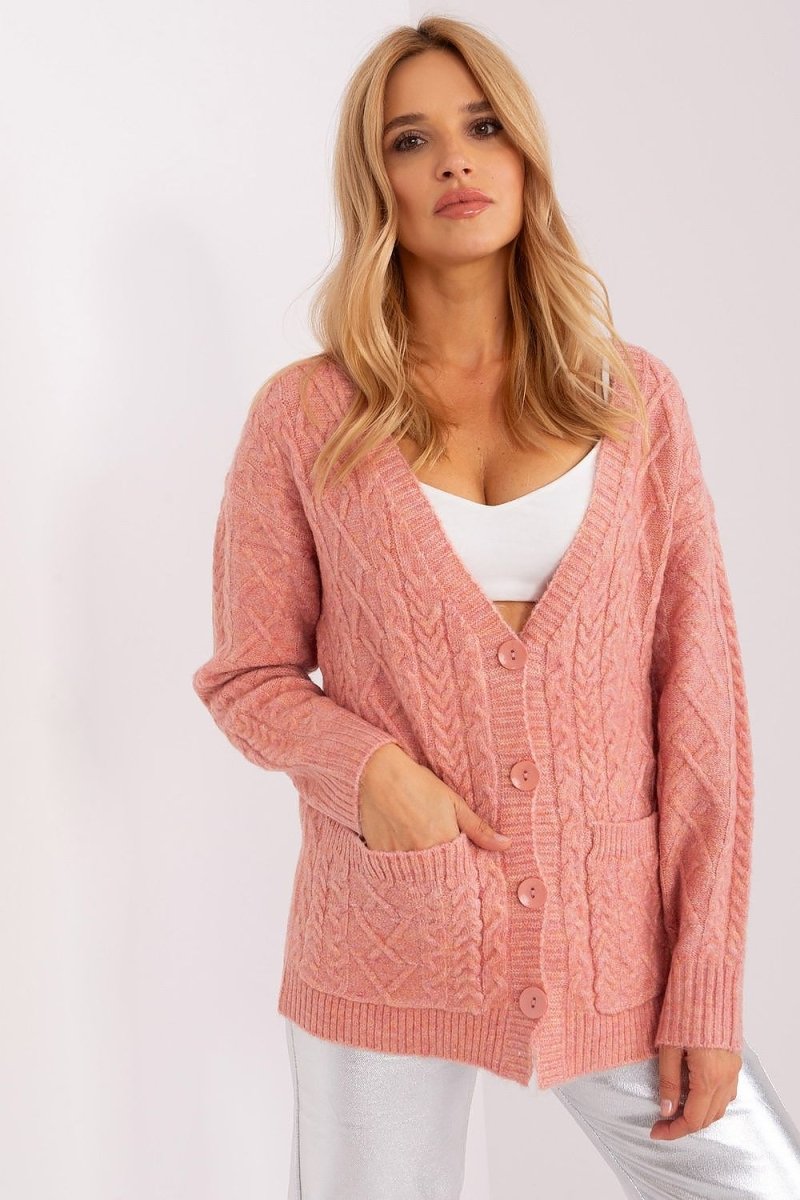 Pink knit cardigan with V-neck and button front on a woman model – Women's Pink Knit Cardigan