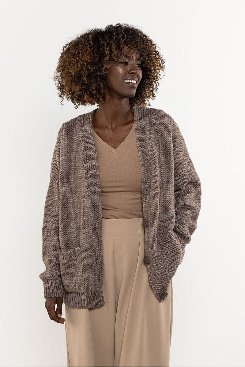 Brown women's cardigan sweater with button closure, soft knit texture, layering wear – Awama cardigan model 220853