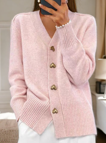 V-Neck Knit Cardigan with Heart Buttons