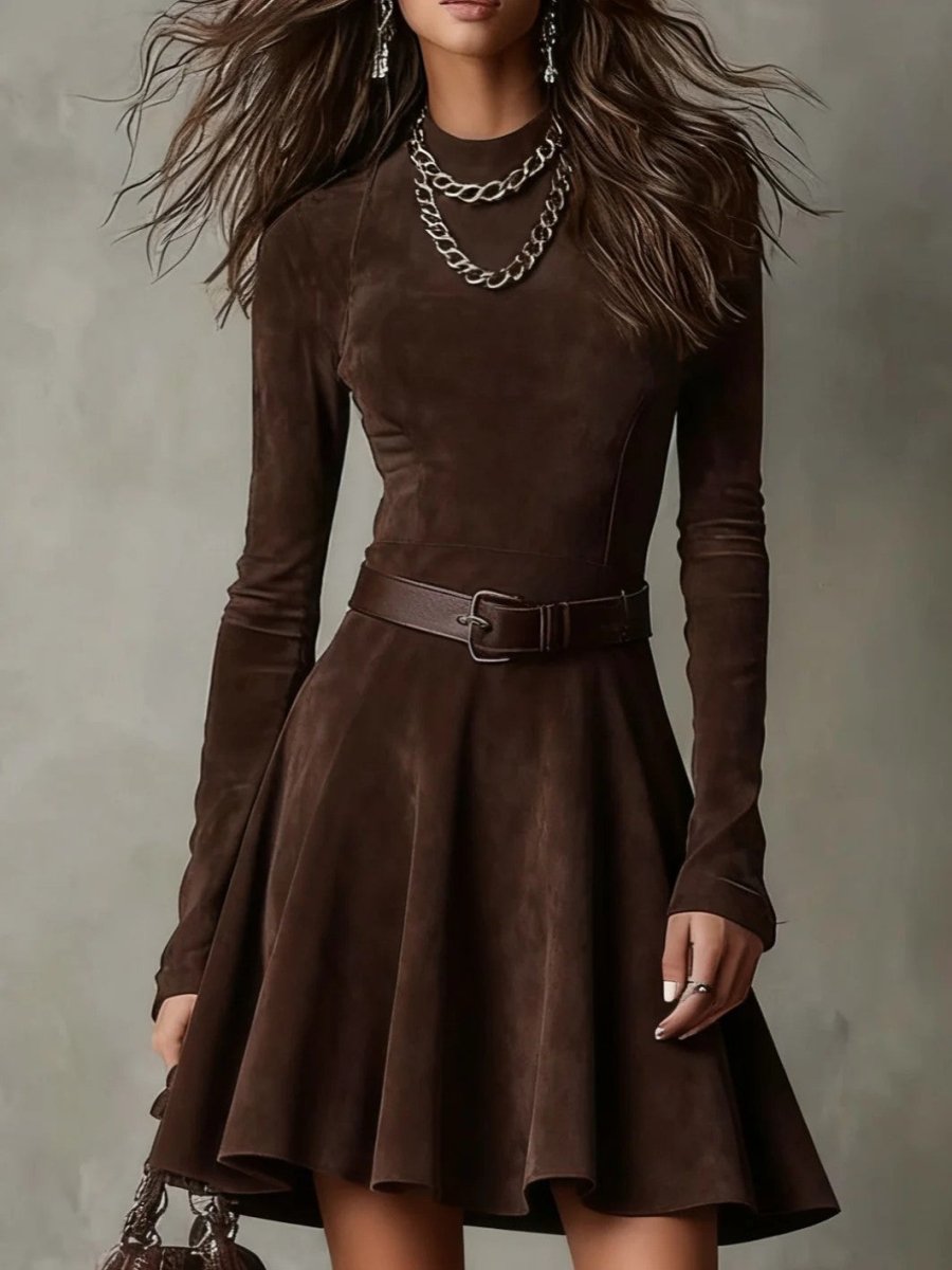 Brown mini dress, close view of a long fitted sleeve and the belt
