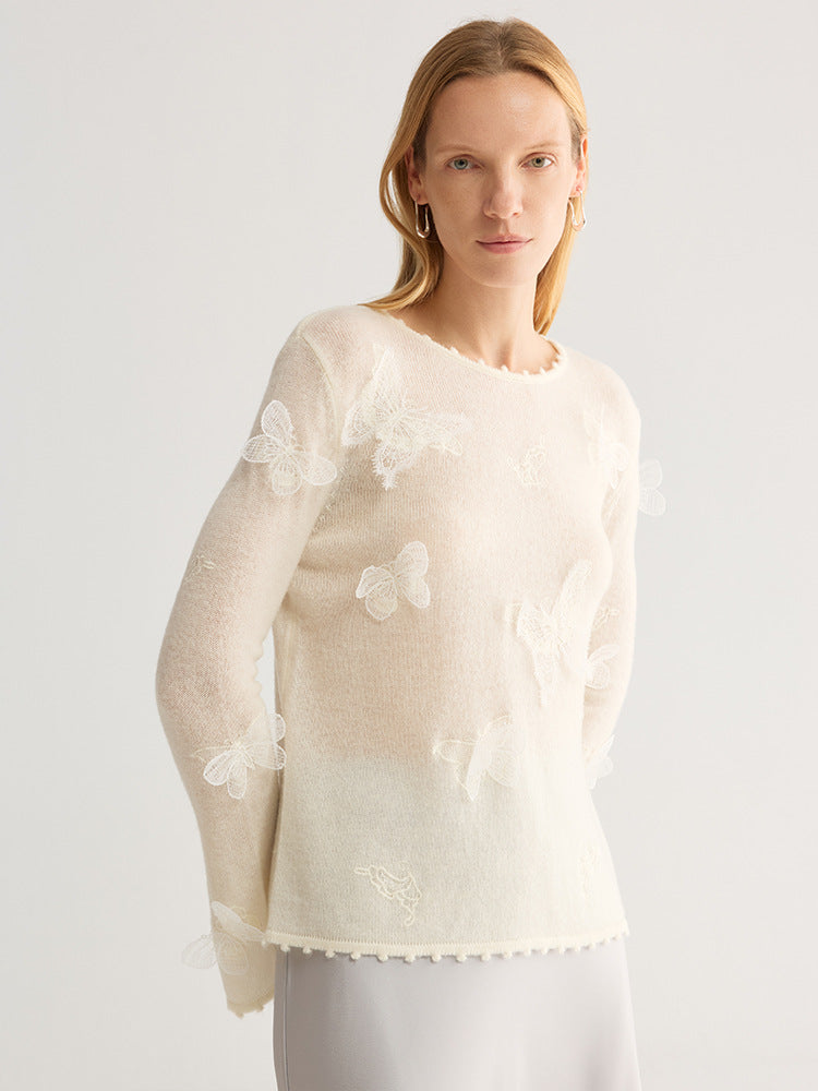 Butterfly Appliqué Crew Neck Knit Top in cream, worn by model, three-quarter view, lace butterflies, picot trim at hem
