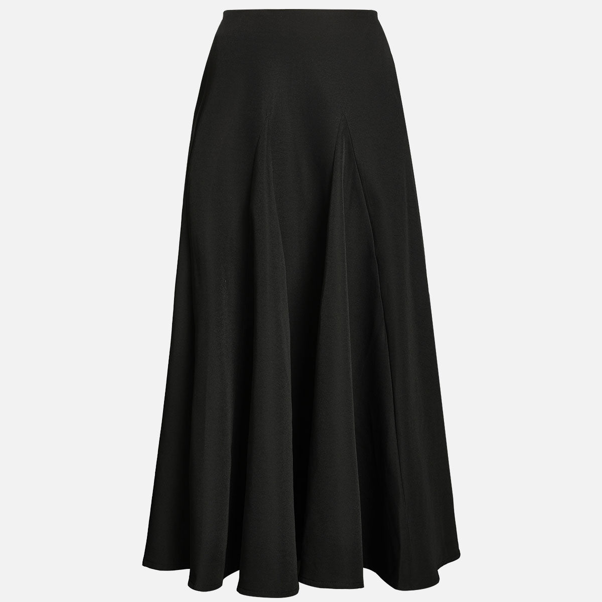 Black high-waisted flared maxi skirt laid flat, front view, showing side pocket detail