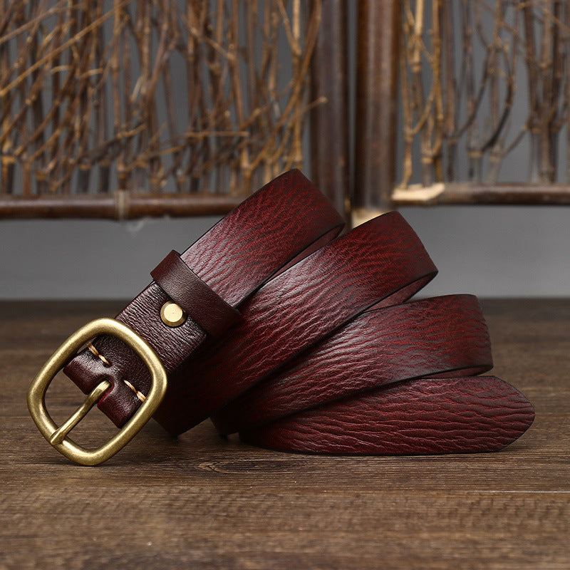 Vintage Leather Belt with Brass-Tone Buckle, 2.8 cm