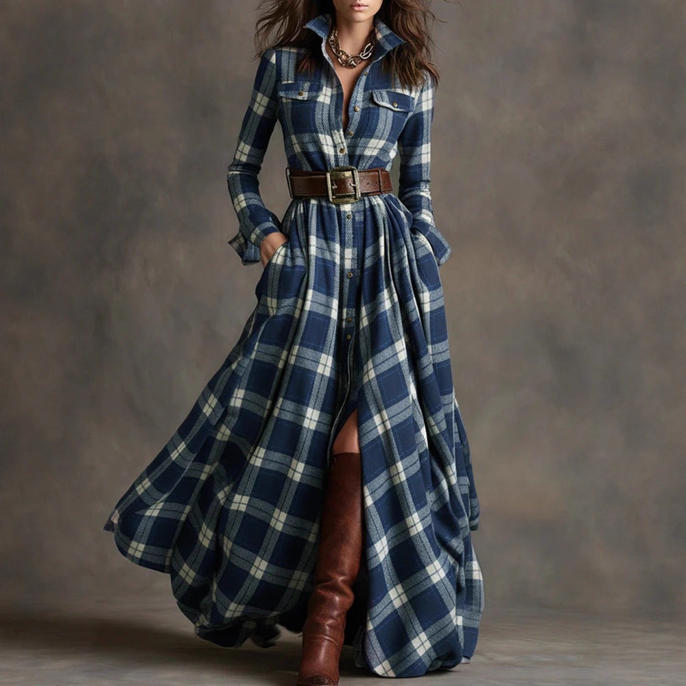 Plaid maxi shirt dress in blue and white check, front view on model with belt and boots