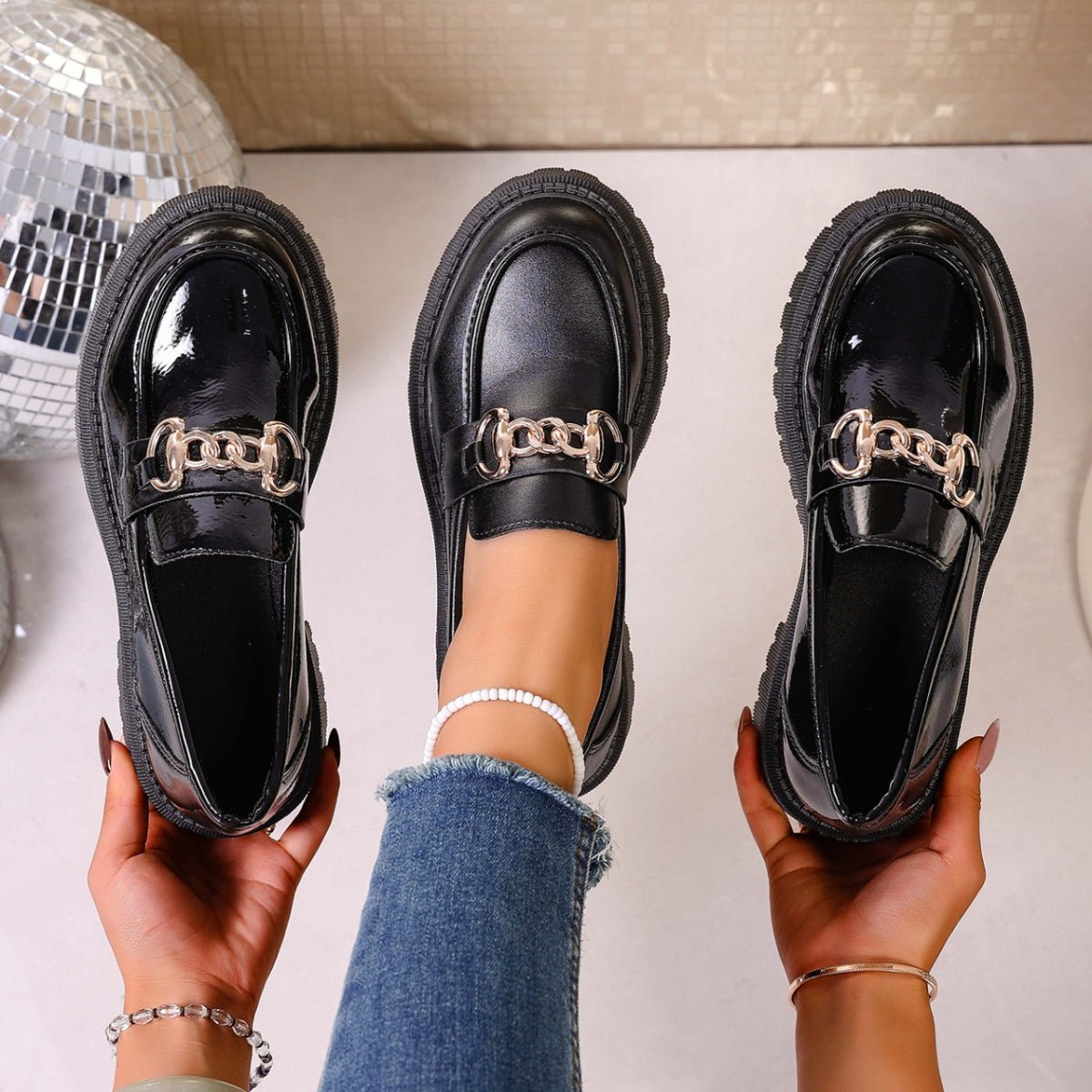 Chain Decor Round Toe Loafers with metallic jewelry detailing on beige fabric upper