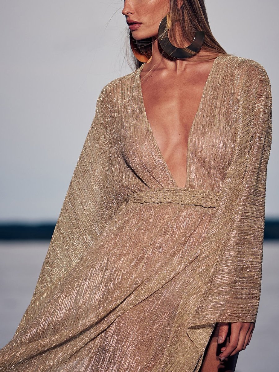 Champagne Metallic Pleated Wrap Maxi Dress - WowStore.live