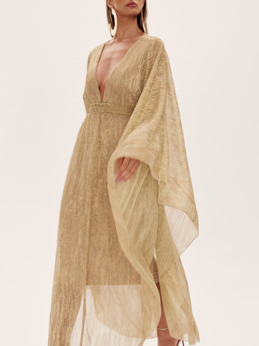 Champagne Metallic Pleated Wrap Maxi Dress - WowStore.live