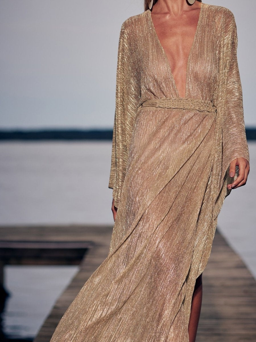 Champagne Metallic Pleated Wrap Maxi Dress - WowStore.live