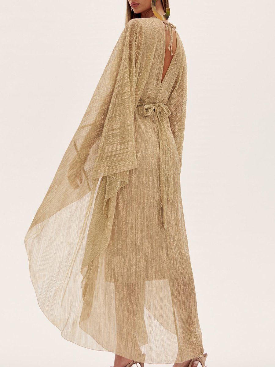 Champagne Metallic Pleated Wrap Maxi Dress - WowStore.live