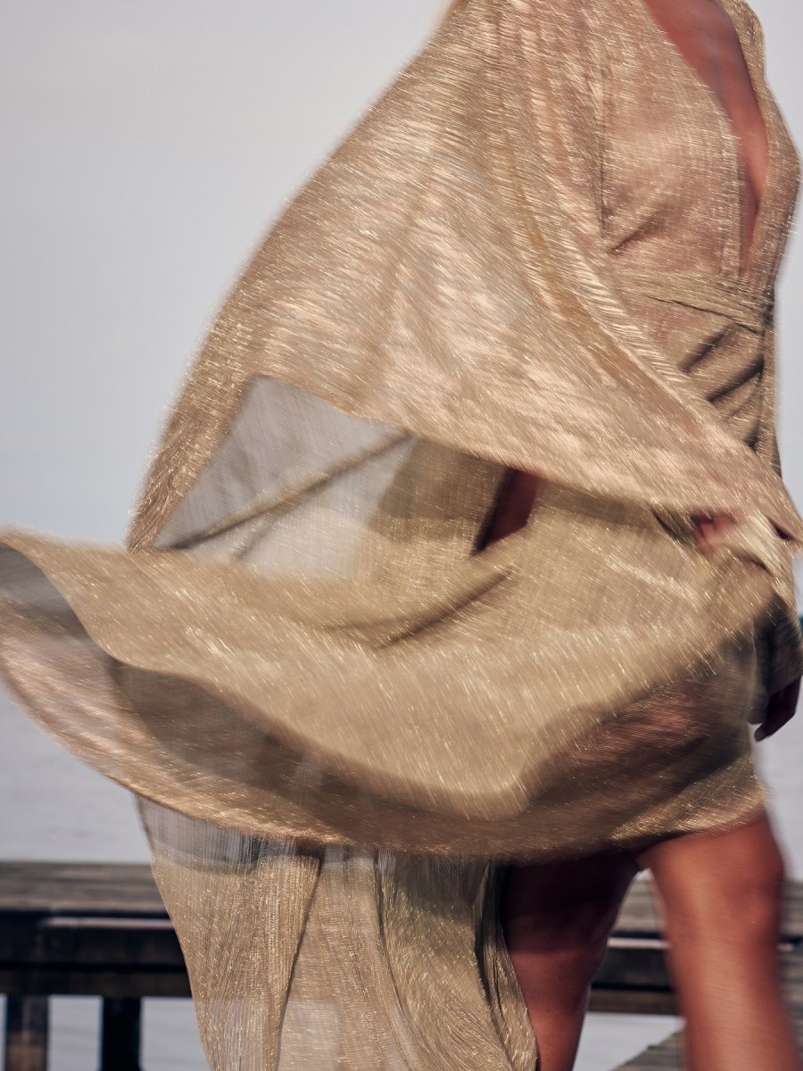 Champagne Metallic Pleated Wrap Maxi Dress - WowStore.live