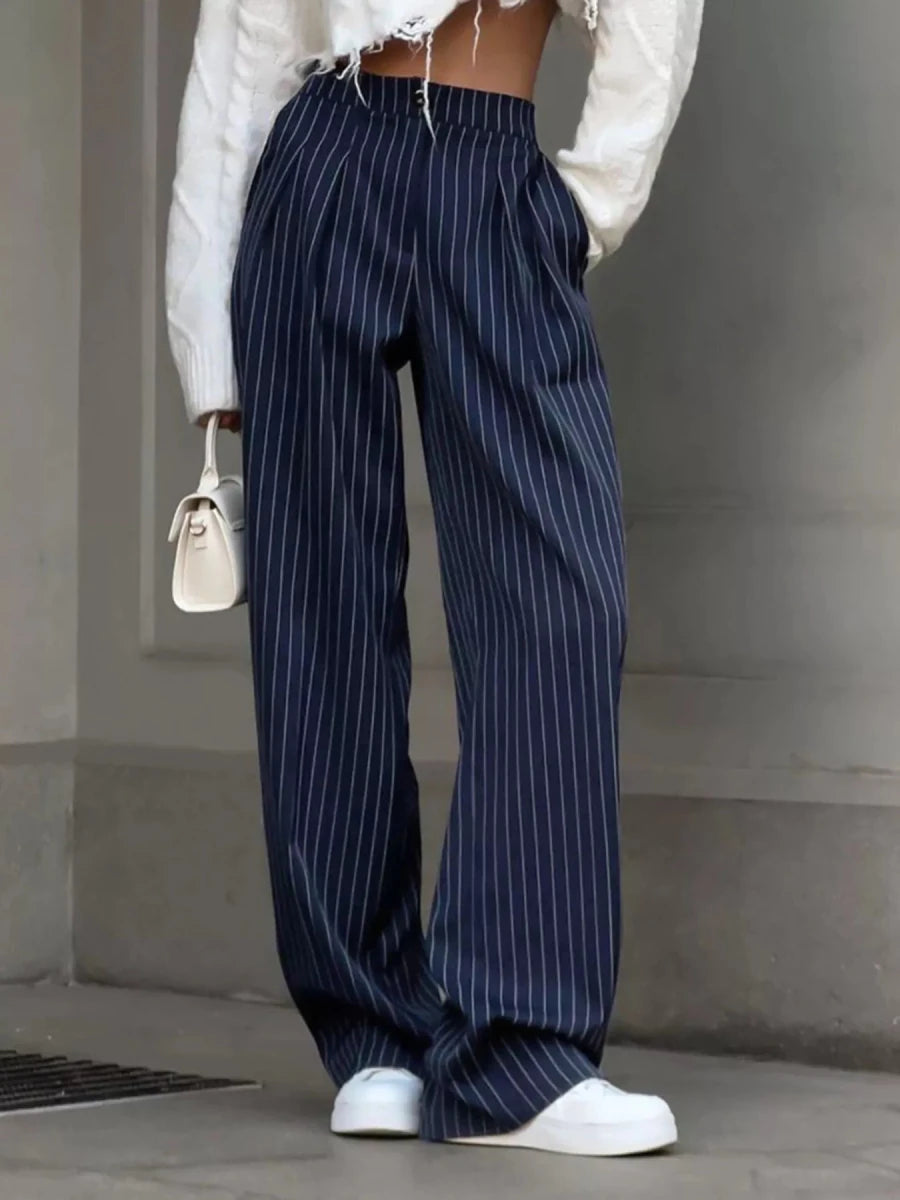Chic Charm High-Waisted Pinstripe Wide-Leg Pants - WowStore.live