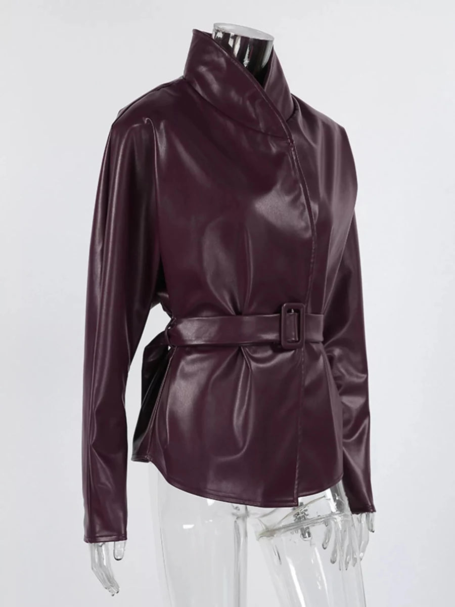 Chic Charm Stand Collar Belted Faux Leather Jacket - WowStore.live