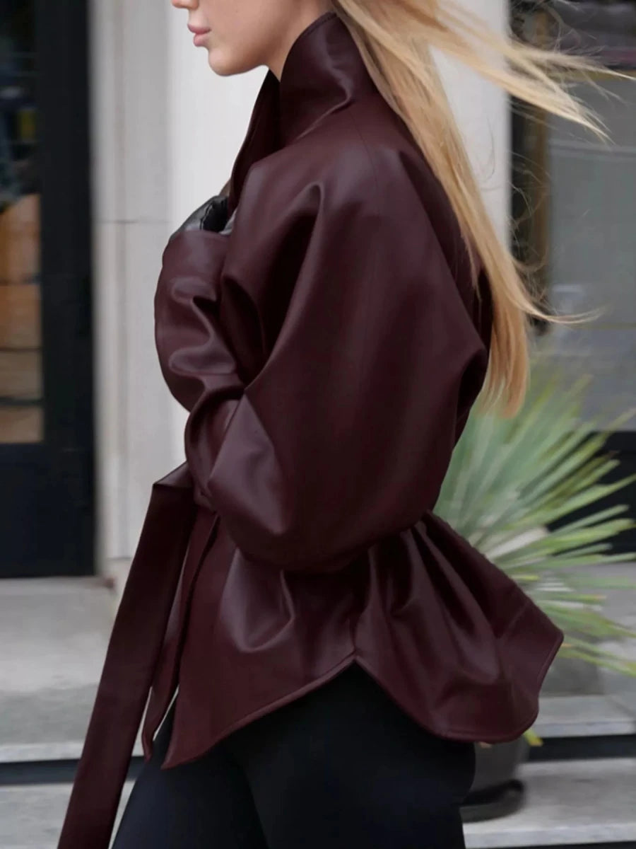 Chic Charm Stand Collar Belted Faux Leather Jacket - WowStore.live