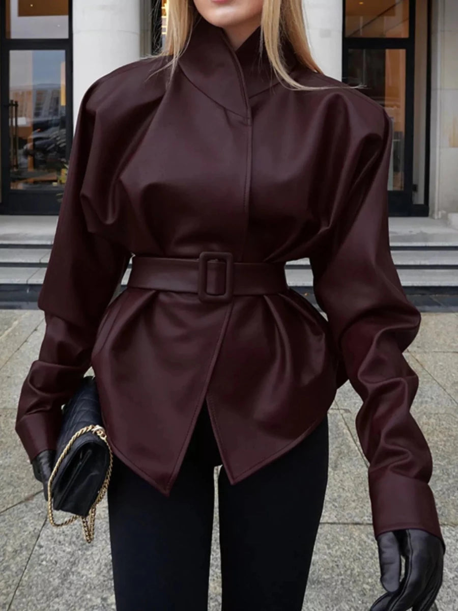 Chic Charm Stand Collar Belted Faux Leather Jacket - WowStore.live