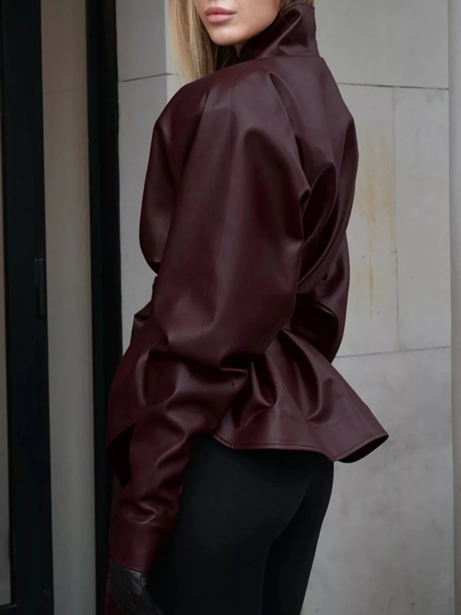 Chic Charm Stand Collar Belted Faux Leather Jacket - WowStore.live