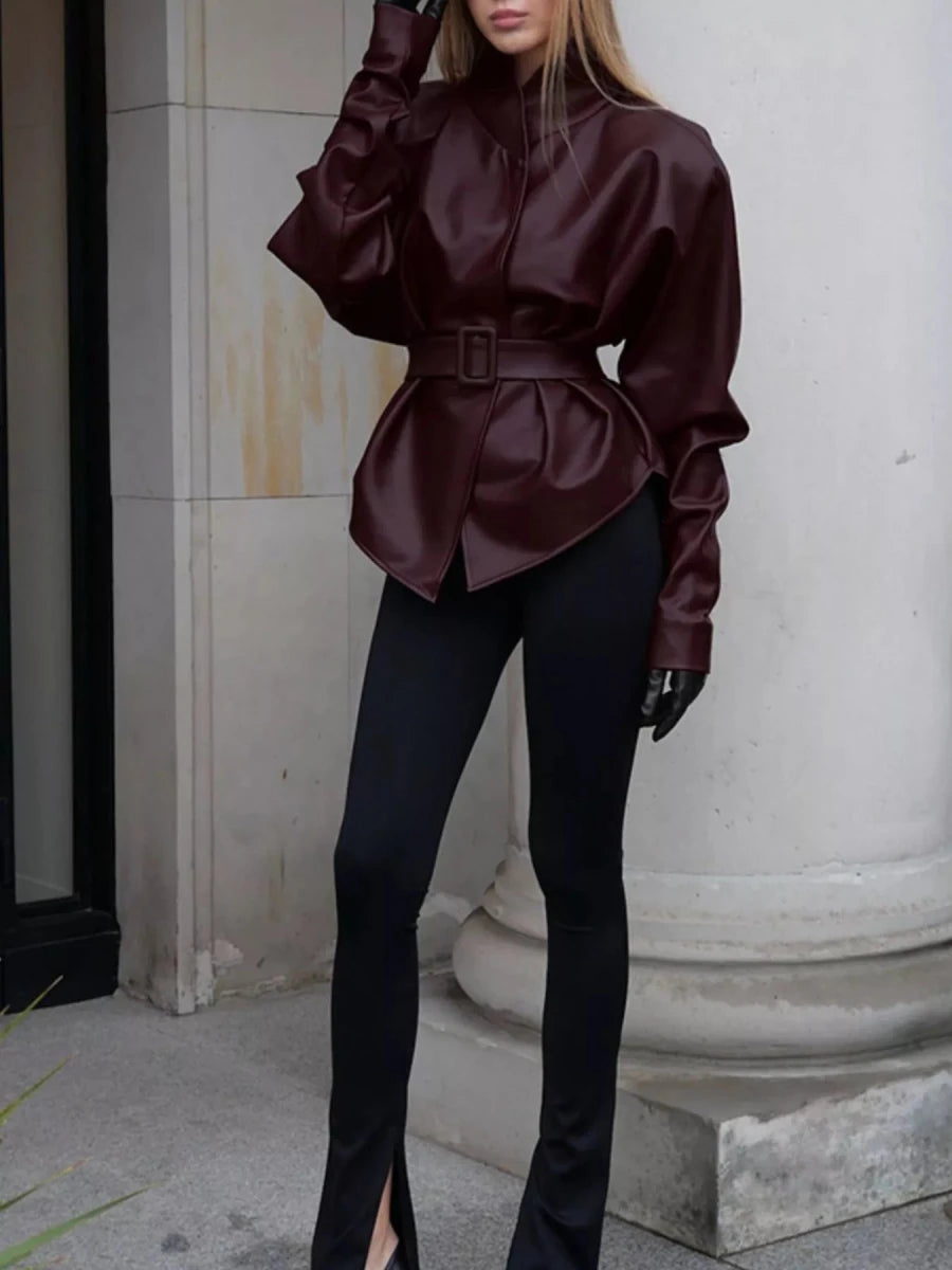 Chic Charm Stand Collar Belted Faux Leather Jacket - WowStore.live