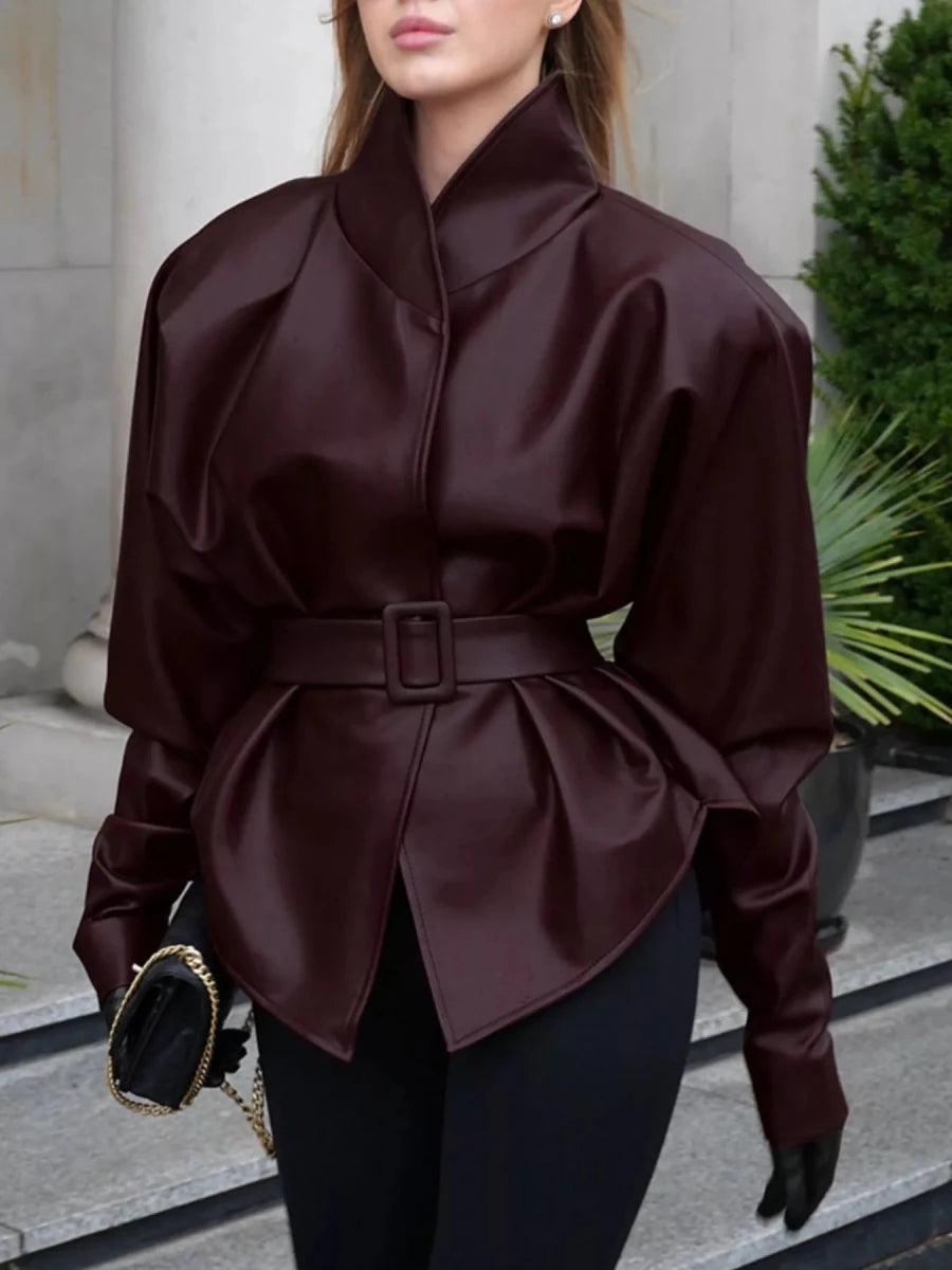 Chic Charm Stand Collar Belted Faux Leather Jacket - WowStore.live