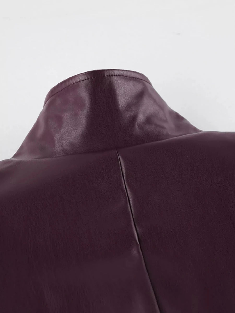 Chic Charm Stand Collar Belted Faux Leather Jacket - WowStore.live