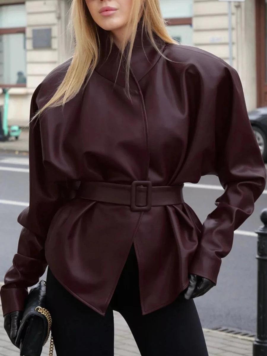 Chic Charm Stand Collar Belted Faux Leather Jacket - WowStore.live