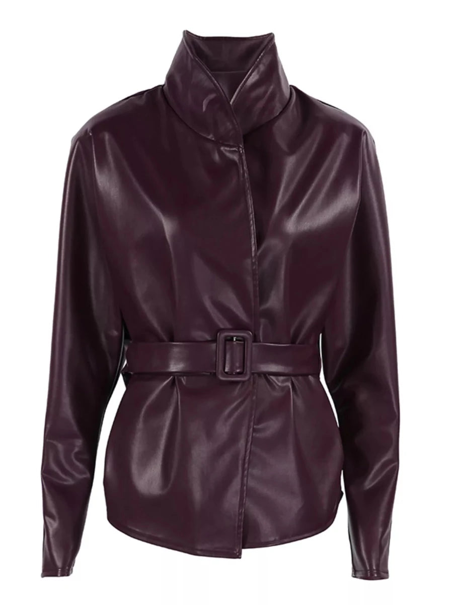 Chic Charm Stand Collar Belted Faux Leather Jacket - WowStore.live