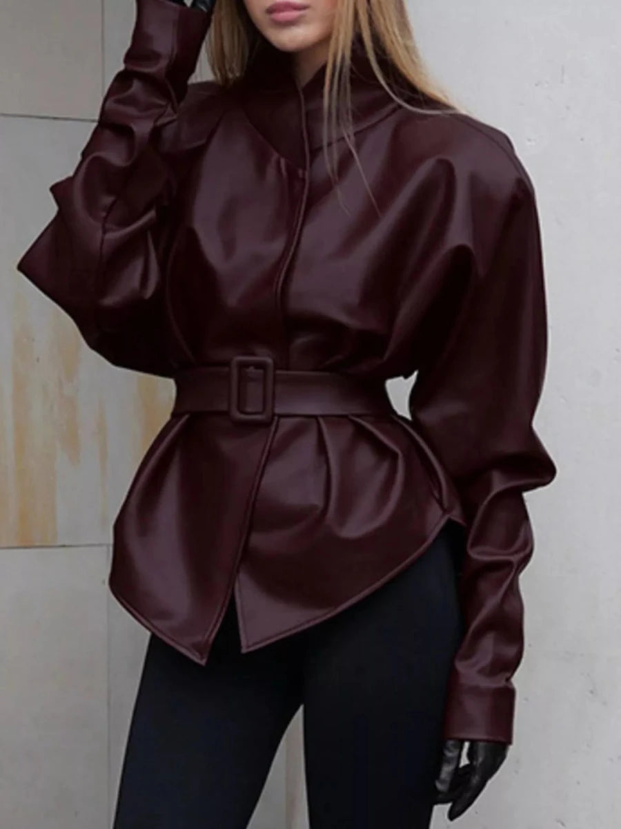 Chic Charm Stand Collar Belted Faux Leather Jacket - WowStore.live