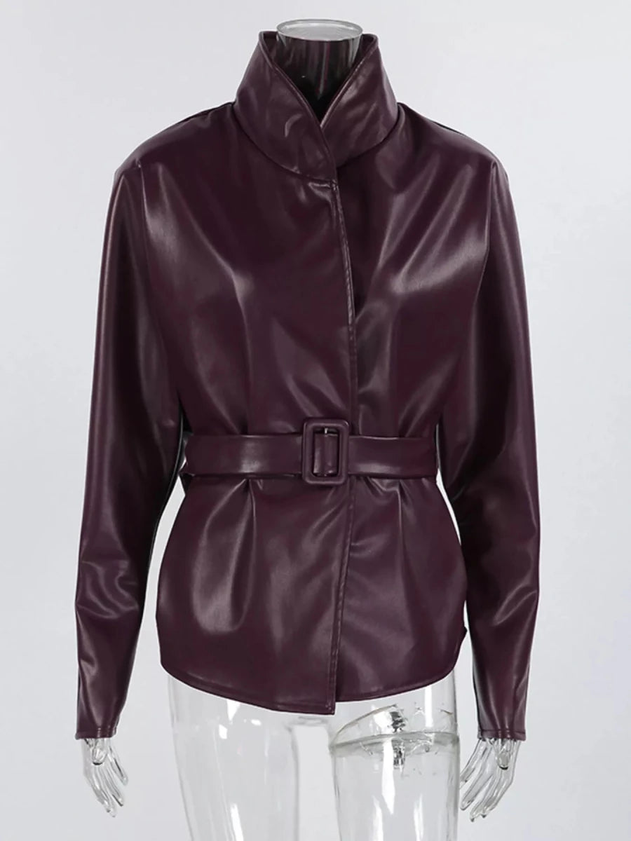 Chic Charm Stand Collar Belted Faux Leather Jacket - WowStore.live