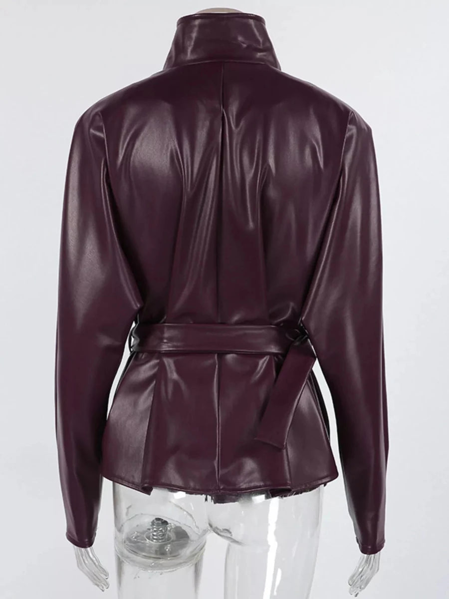 Chic Charm Stand Collar Belted Faux Leather Jacket - WowStore.live