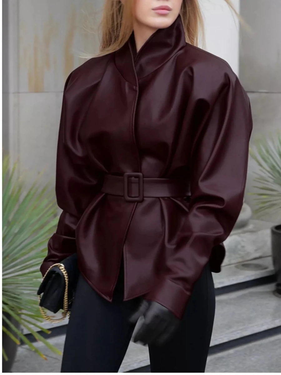 Chic Charm Stand Collar Belted Faux Leather Jacket - WowStore.live