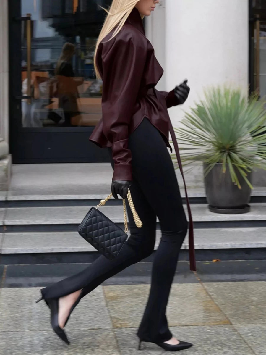 Chic Charm Stand Collar Belted Faux Leather Jacket - WowStore.live