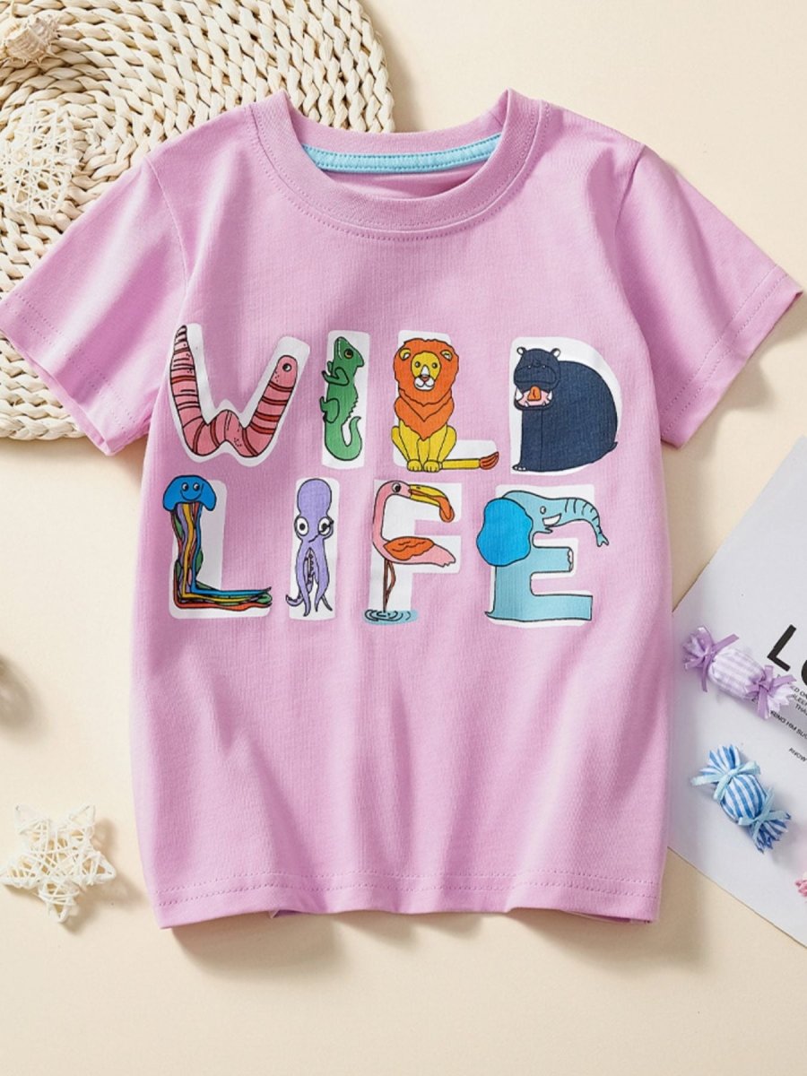 Children's Wild Life Graphic Crew Neck Short Sleeve T-Shirt in green - nature adventure design on soft cotton fabric