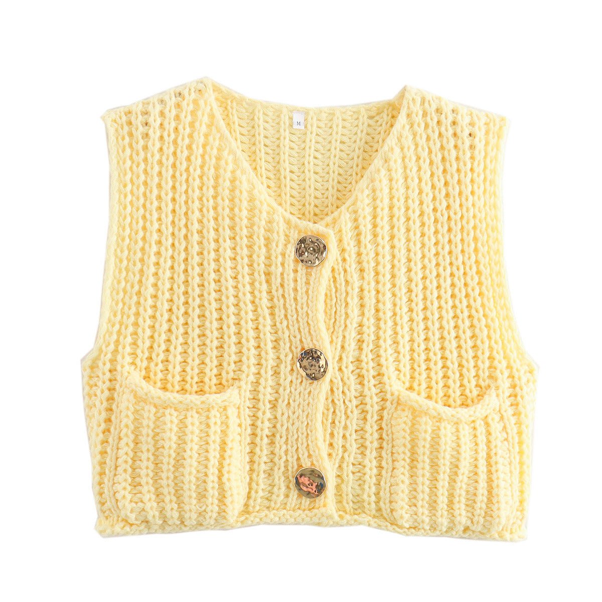 Chunky knit vest in yellow with gold-tone buttons and patch pockets