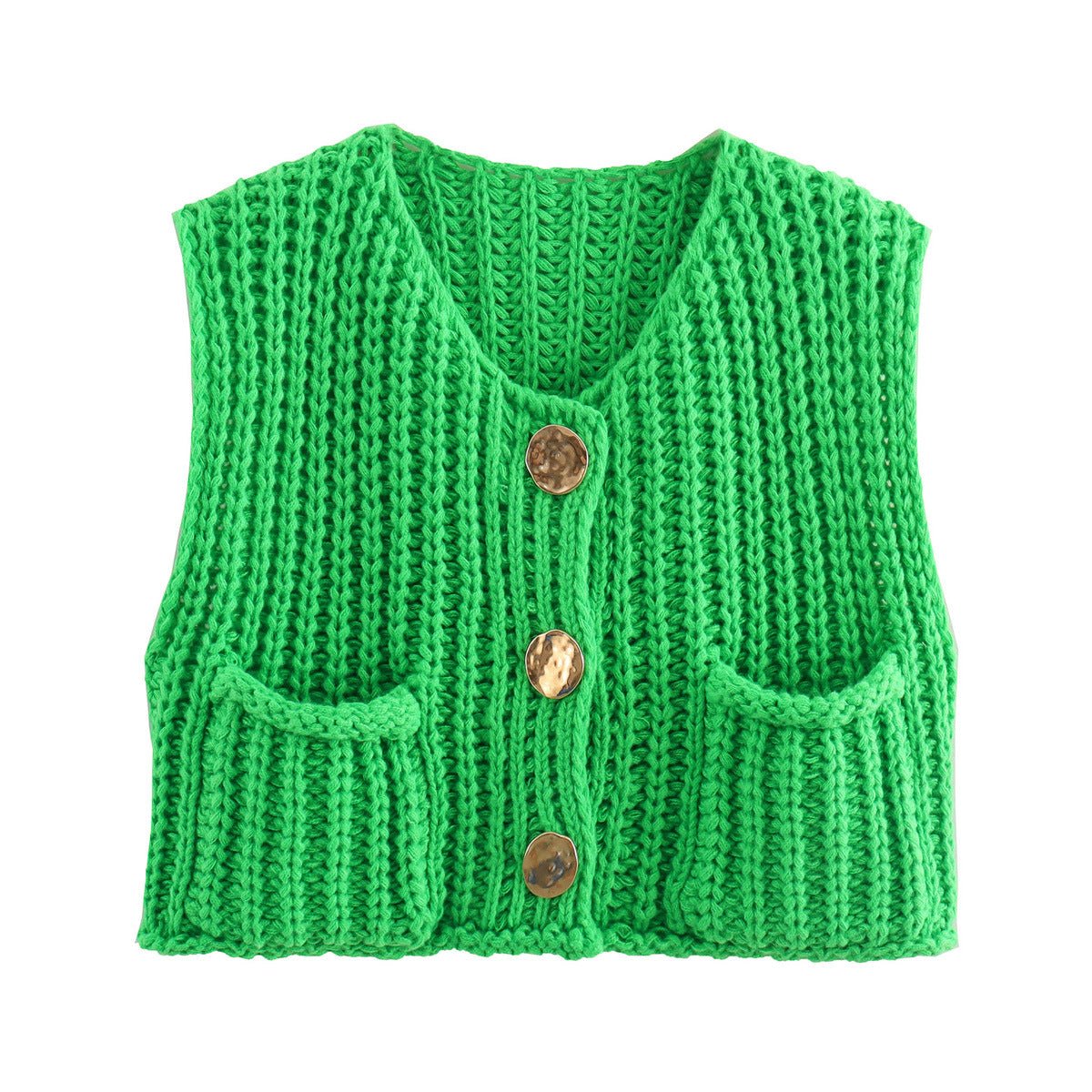 Chunky knit vest in emerald green with gold-tone buttons and patch pockets