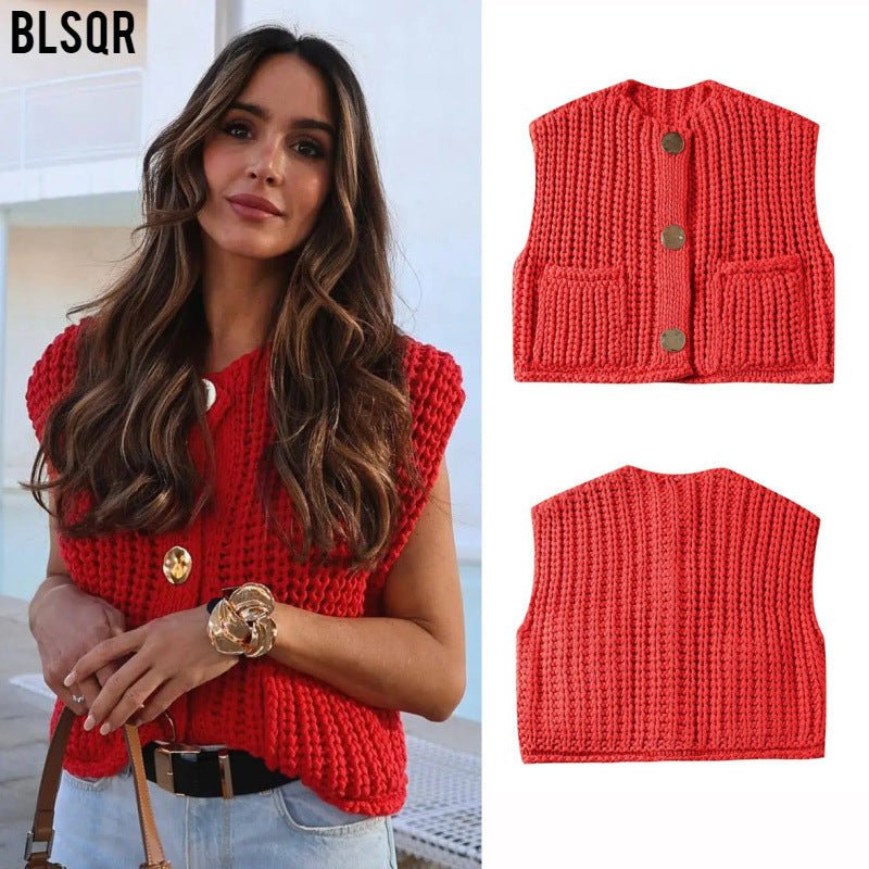Red knit vest worn with jeans, plus front and back flat shots