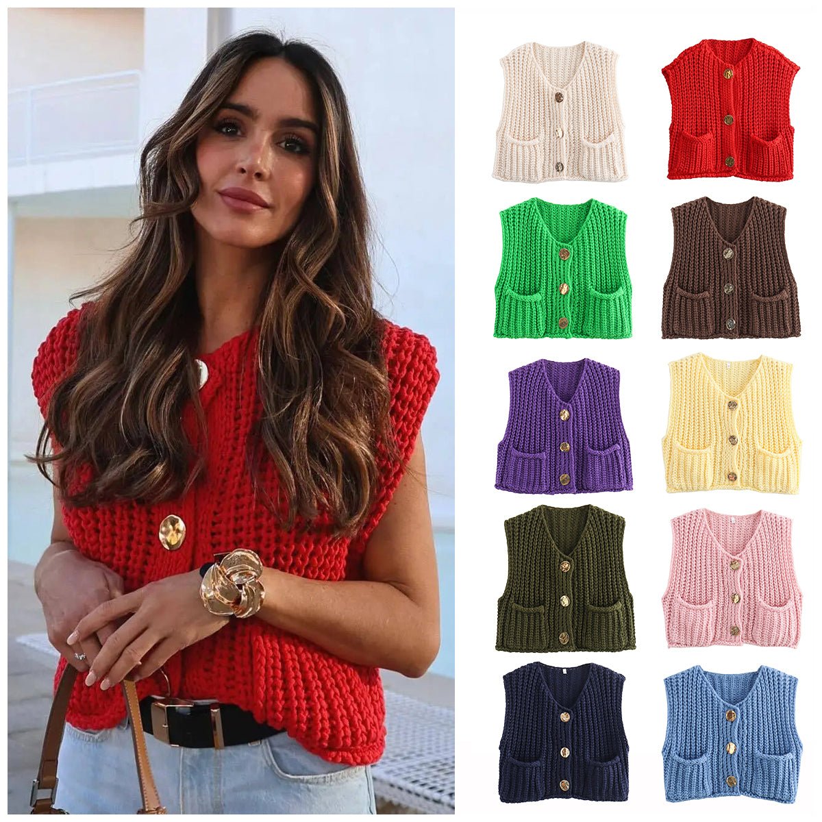 Woman in a red chunky knit vest with gold-tone buttons, next to a grid of all colours