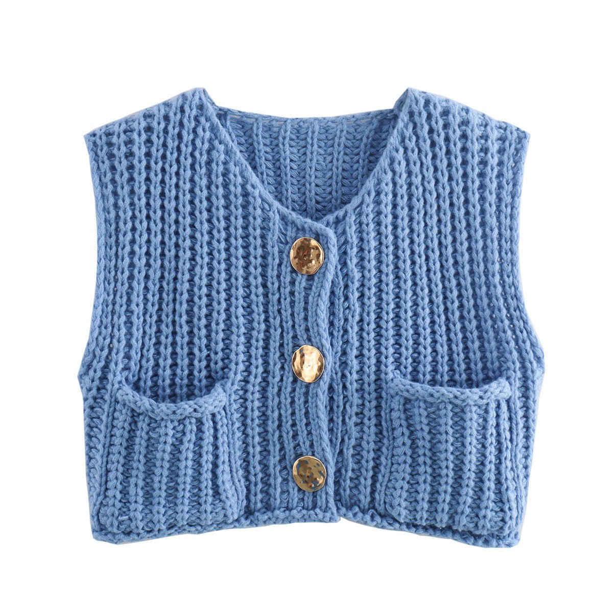 Chunky knit vest in sea blue with gold-tone buttons and patch pockets