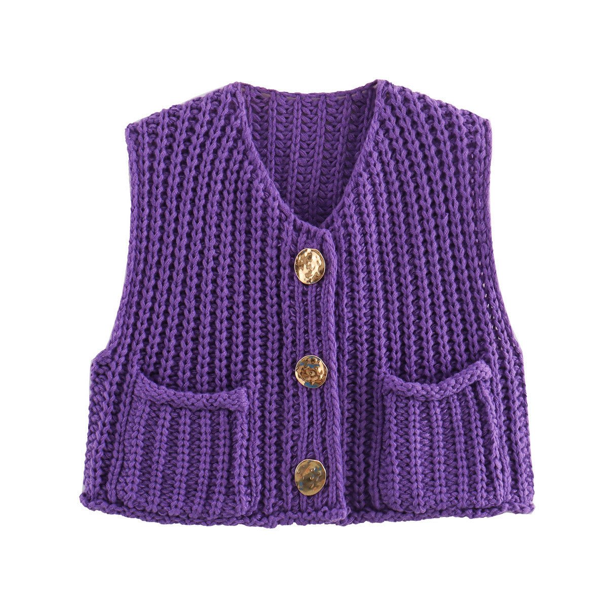 Chunky knit vest in purple with gold-tone buttons and patch pockets
